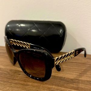 Chanel sunglasses & case. Tortoise shell frame and gold chain arms